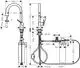 Küchenarmatur mit Ausziehauslauf und integriertem Filtermodell, dargestellt in technischen Zeichnungen. Die Armatur trägt die Marke Hansgrohe.